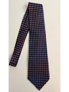 Cromley & Finch Navy Blue Silk Tie With Red & Yellow Diamond Print Handmade